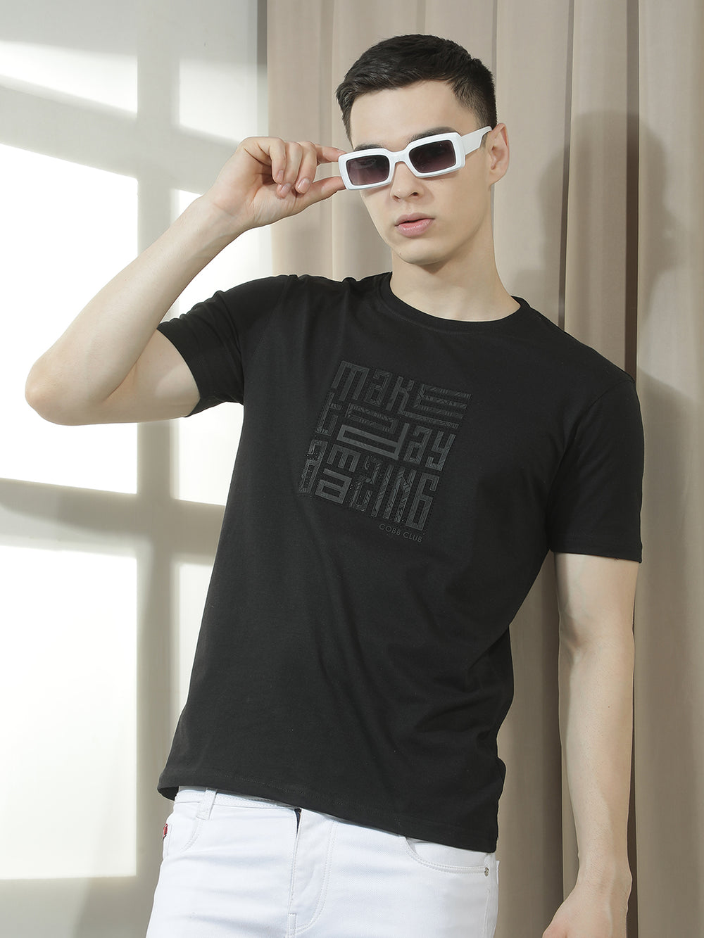 cobb black printed round neck t-shirt