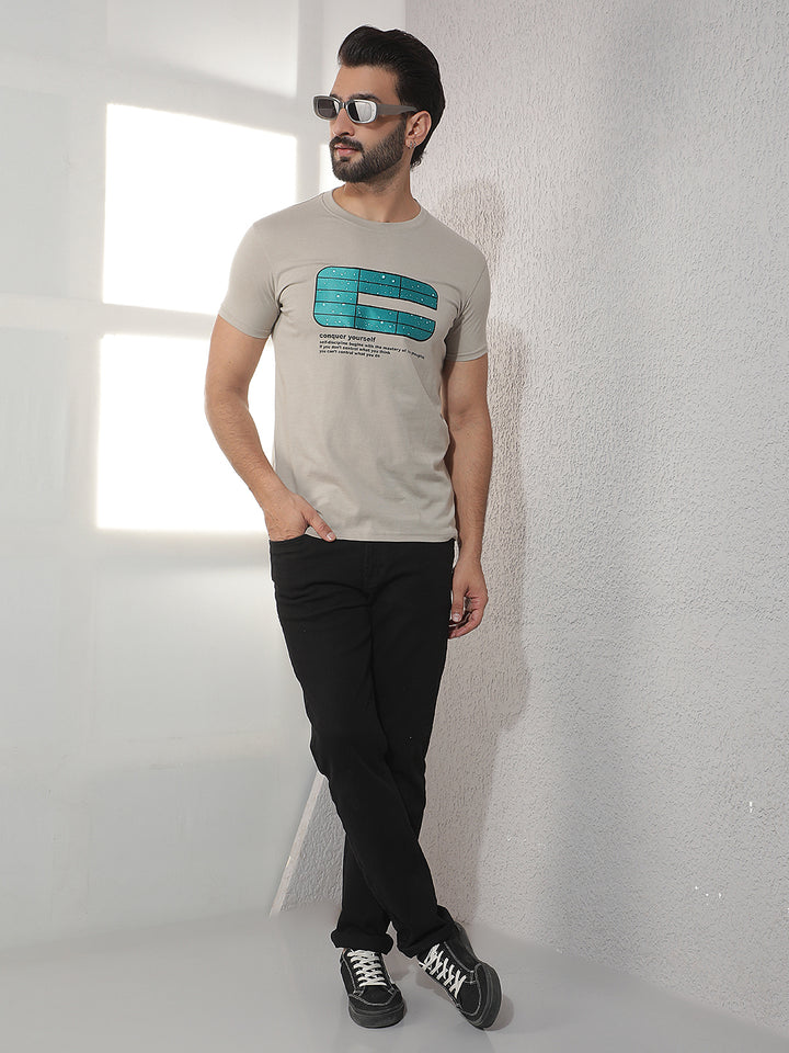 COBB BEIGE PRINTED ROUND NECK T-SHIRT