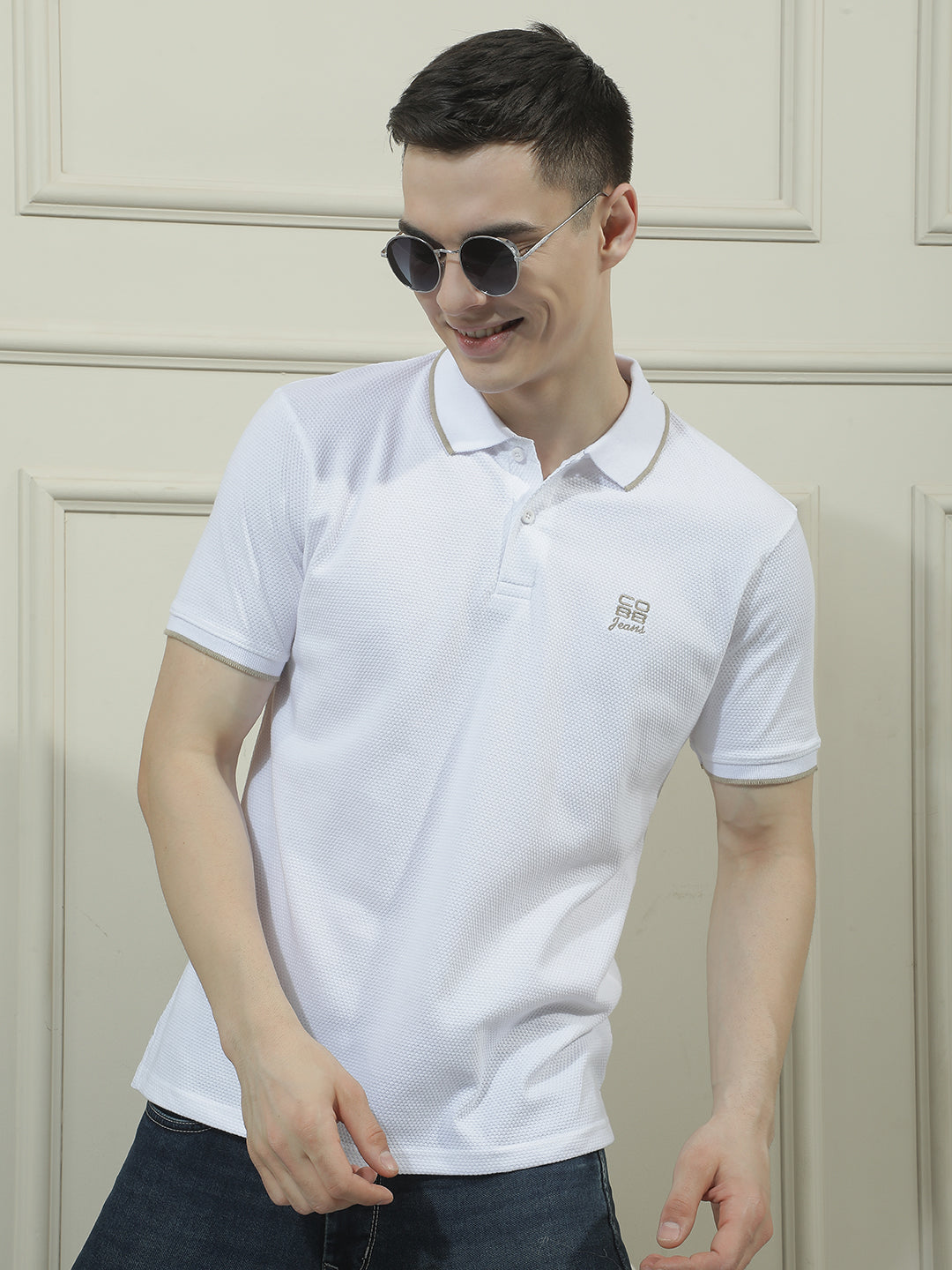 cobb white solid polo neck t-shirt