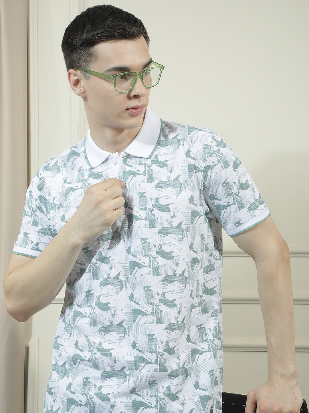 cobb sea green printed polo neck t-shirt