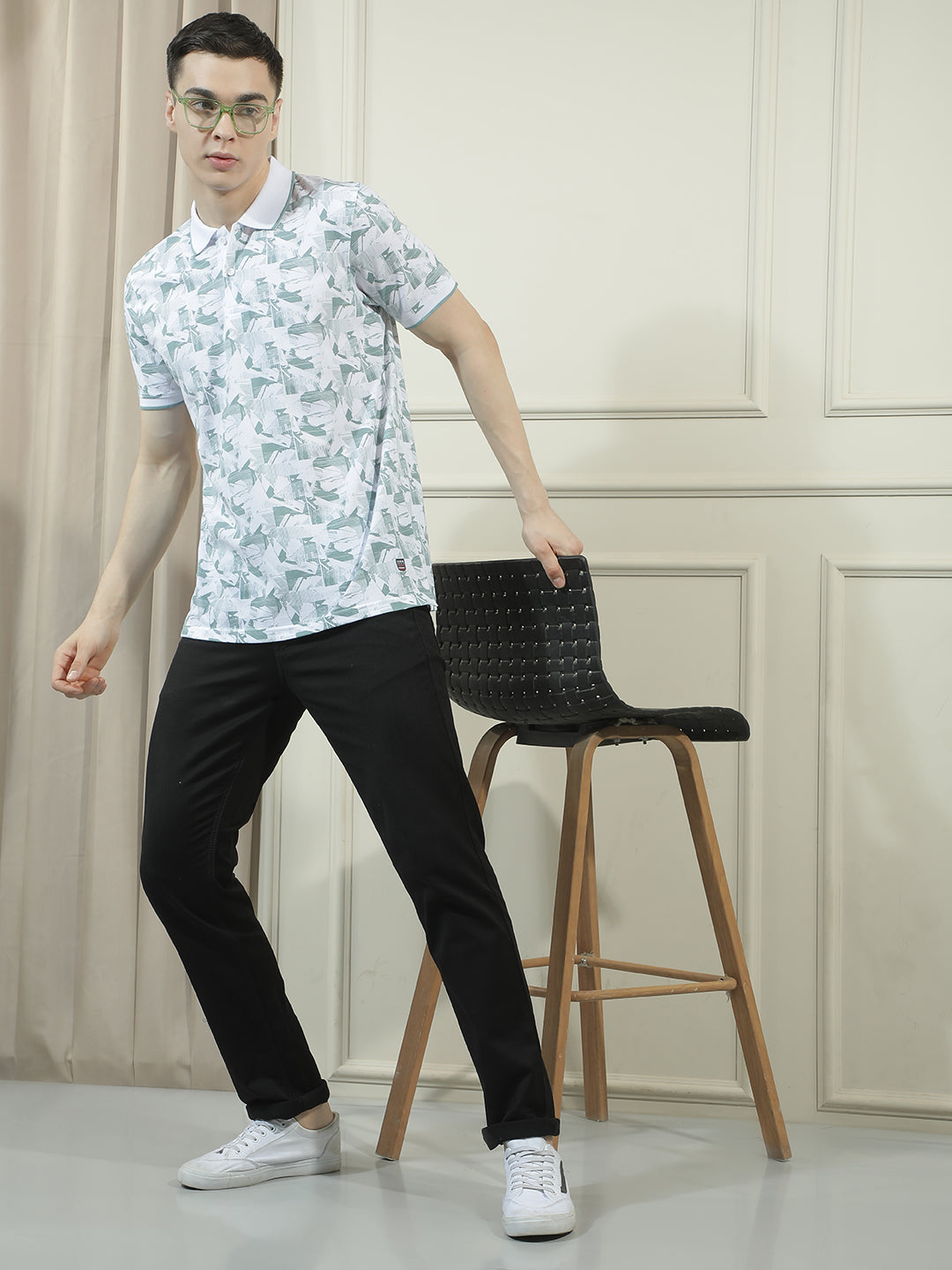 COBB SEA GREEN PRINTED POLO NECK T-SHIRT