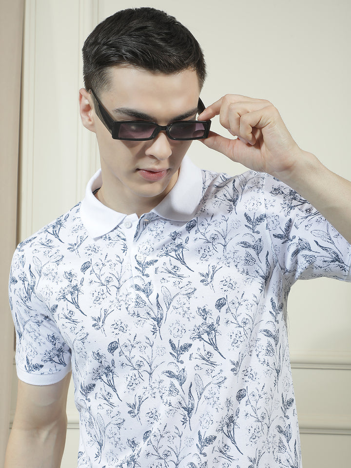 cobb white printed polo neck t-shirt
