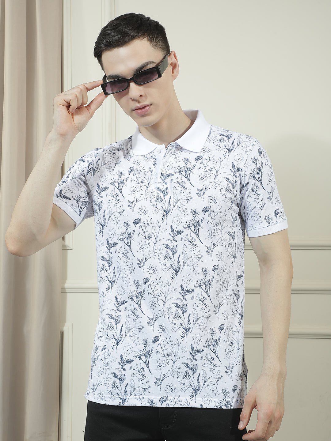 cobb white printed polo neck t-shirt