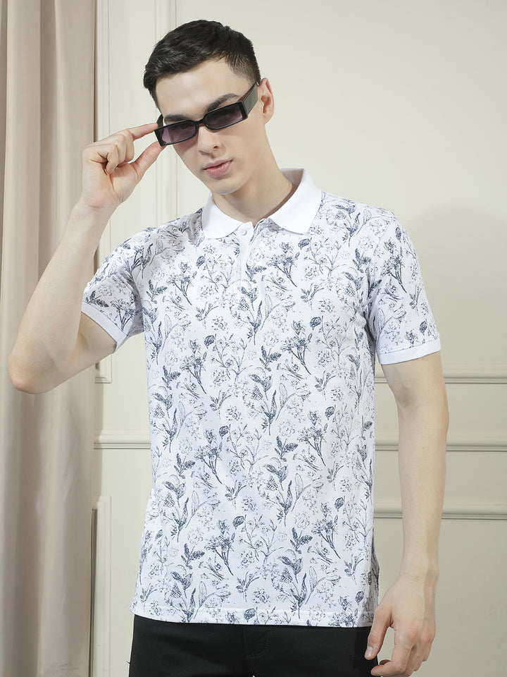 cobb white printed polo neck t-shirt