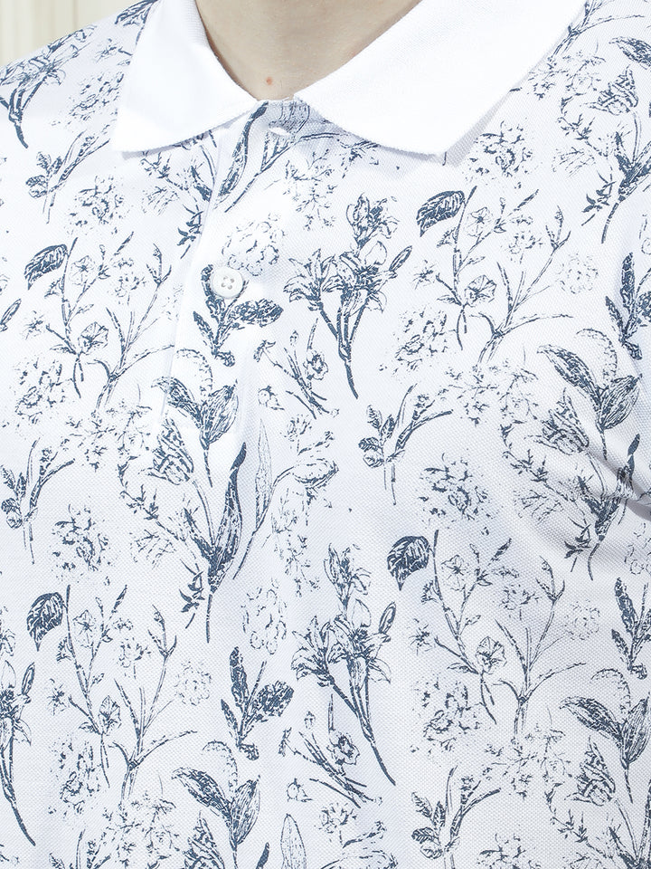 COBB WHITE PRINTED POLO NECK T-SHIRT