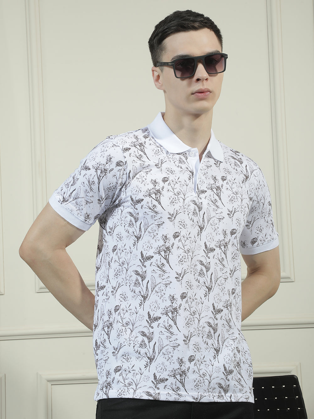 cobb white printed polo neck t-shirt