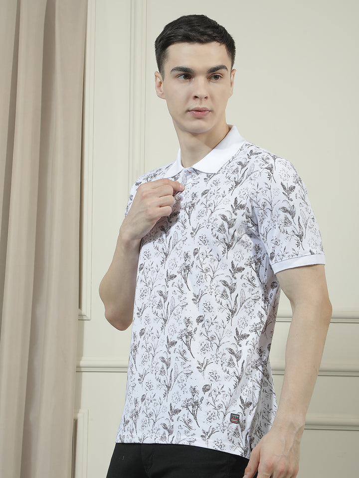 cobb white printed polo neck t-shirt