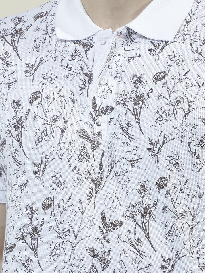 COBB WHITE PRINTED POLO NECK T-SHIRT