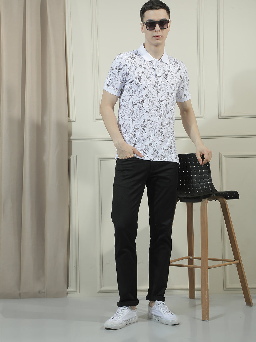 COBB WHITE PRINTED POLO NECK T-SHIRT