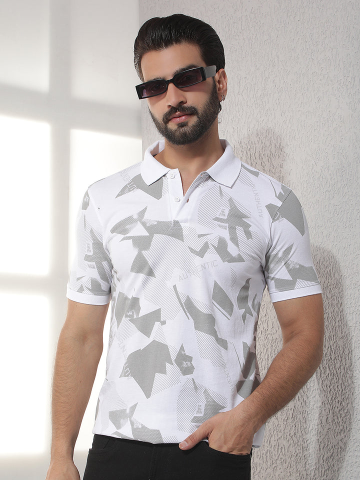 cobb white printed polo neck t-shirt