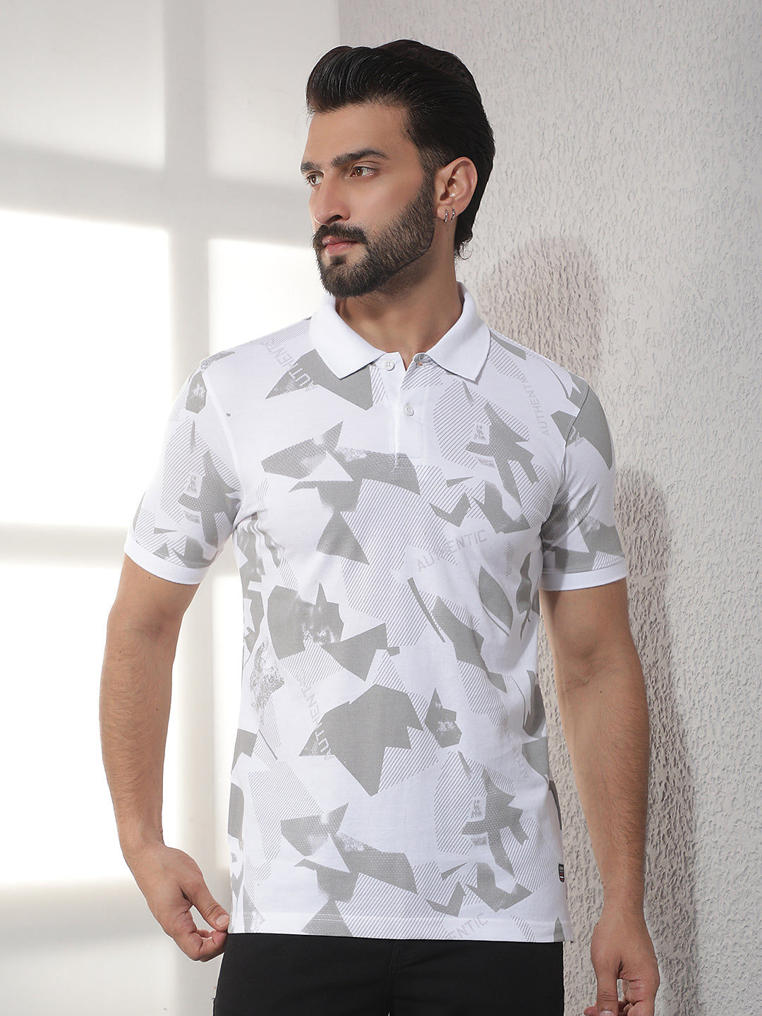 cobb white printed polo neck t-shirt