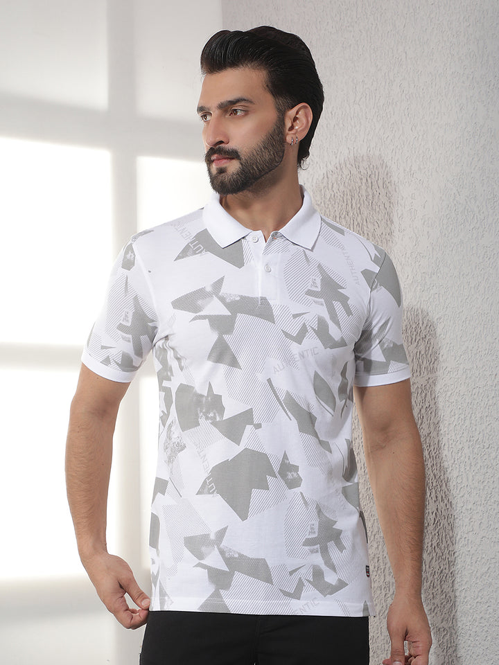 cobb white printed polo neck t-shirt
