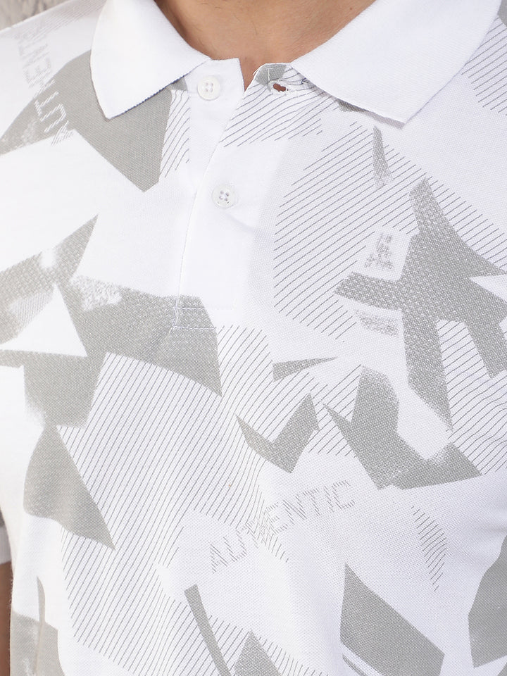 COBB WHITE PRINTED POLO NECK T-SHIRT