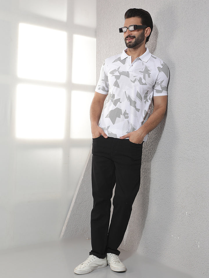 COBB WHITE PRINTED POLO NECK T-SHIRT
