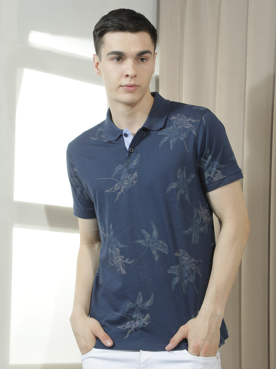 cobb navy blue printed polo neck t-shirt
