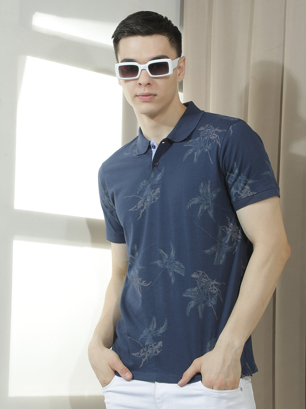 cobb navy blue printed polo neck t-shirt