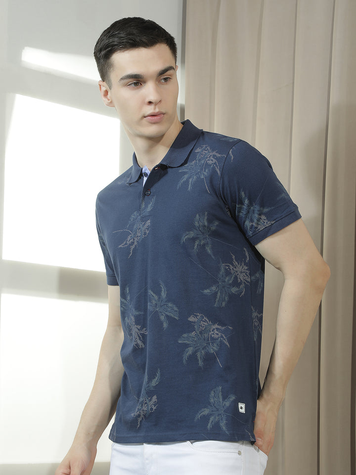 cobb navy blue printed polo neck t-shirt