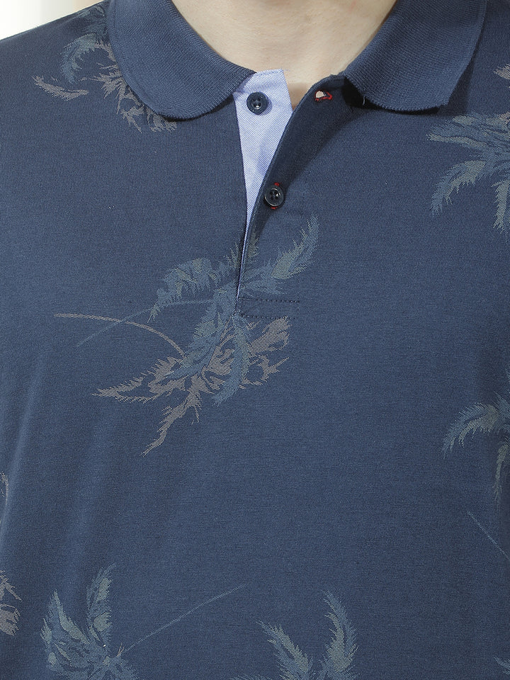 COBB NAVY BLUE PRINTED POLO NECK T-SHIRT