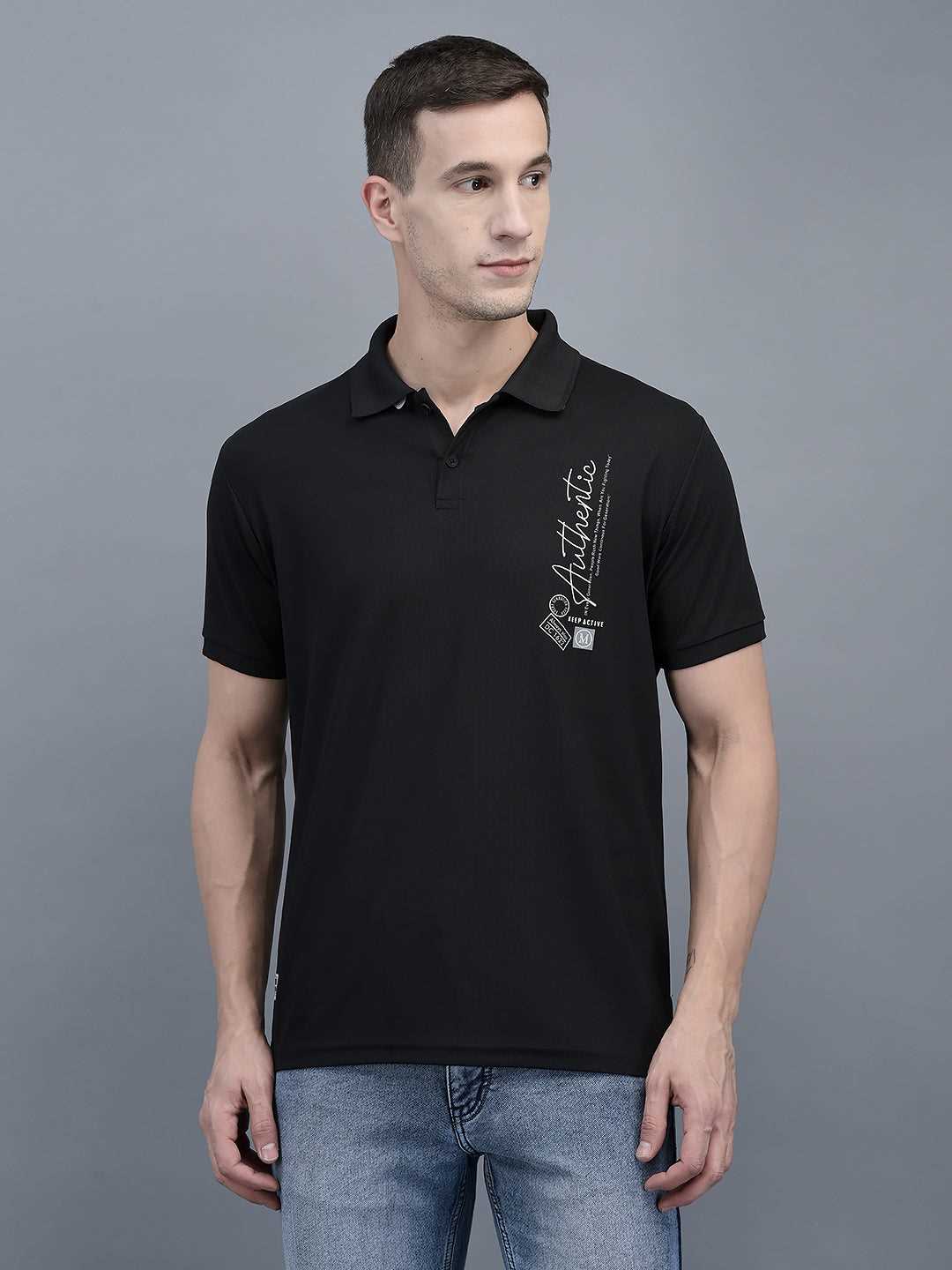 Cobb Black Solid Polo Neck T-Shirt BLACK