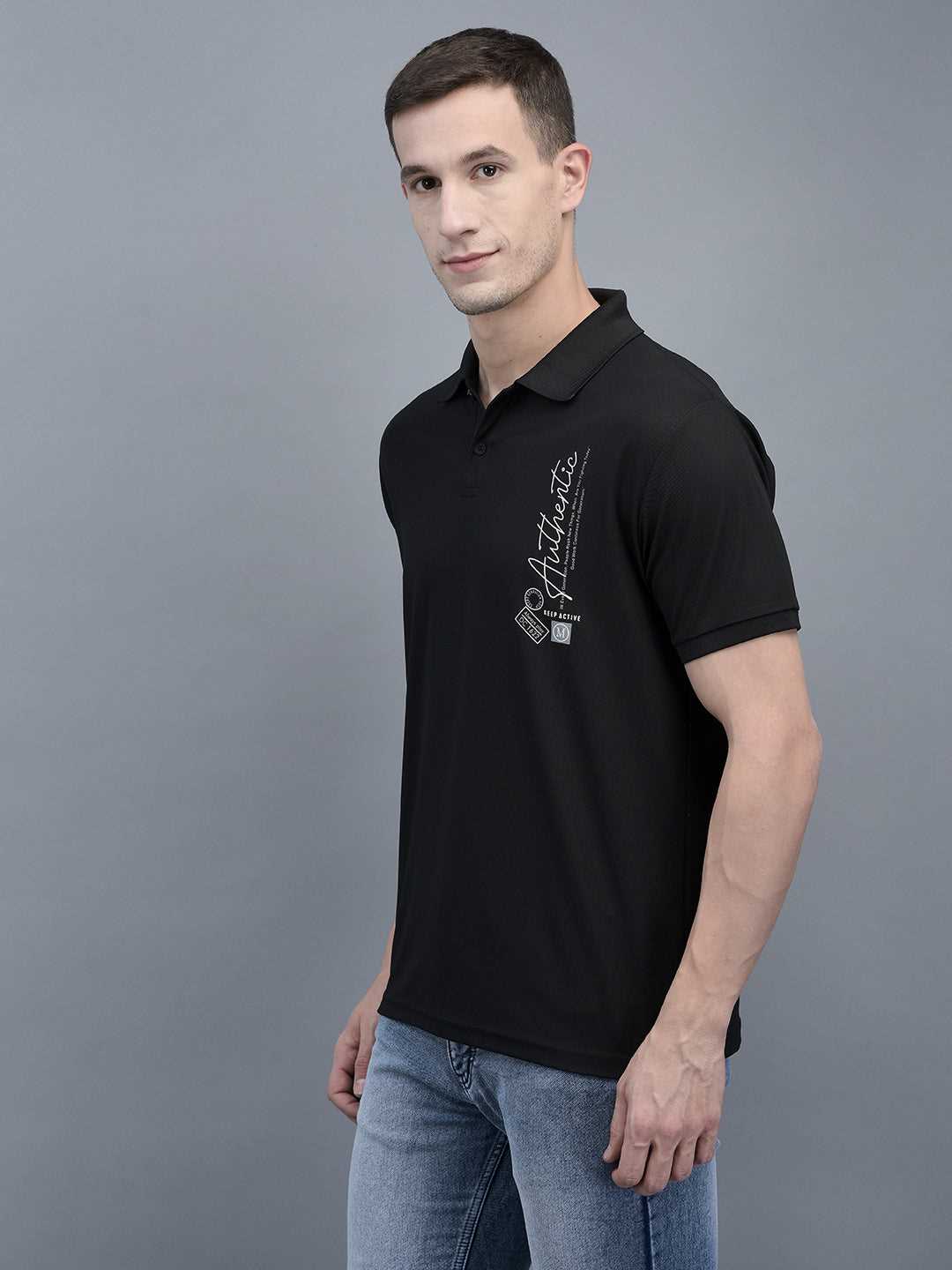 Cobb Black Solid Polo Neck T-Shirt