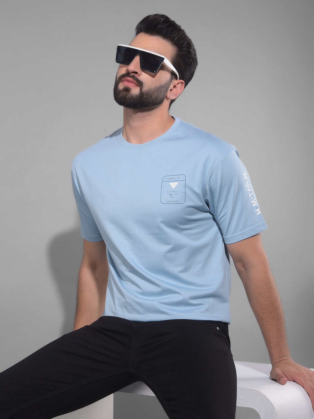 COBB SOLID SKY BLUE ROUND NECK OVERSIZED T-SHIRT