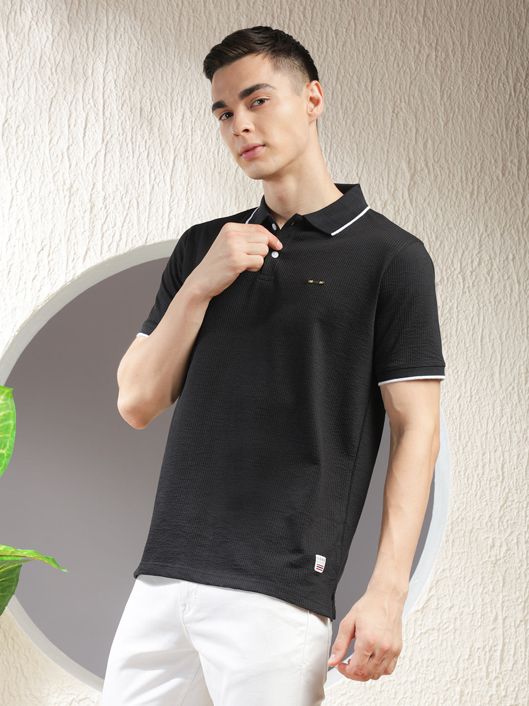 COBB BLACK STRIPED POLO NECK T-SHIRT