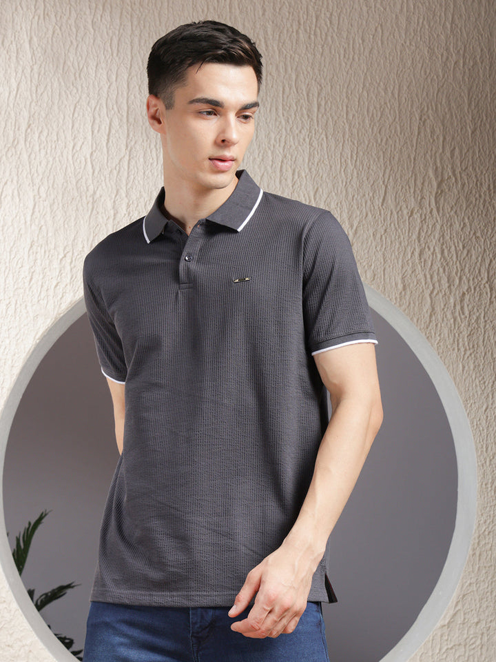 cobb dark grey striped polo neck t-shirt