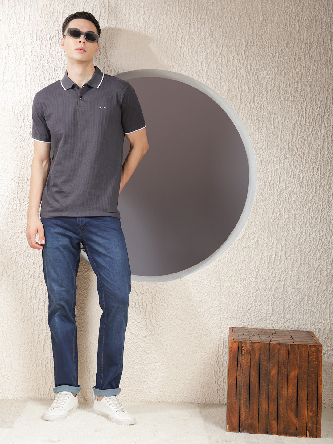 COBB DARK GREY STRIPED POLO NECK T-SHIRT