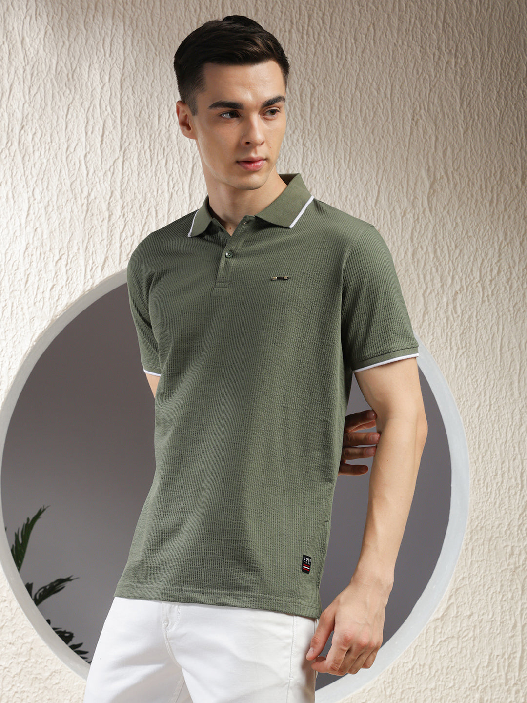 COBB OLIVE STRIPED POLO NECK T-SHIRT