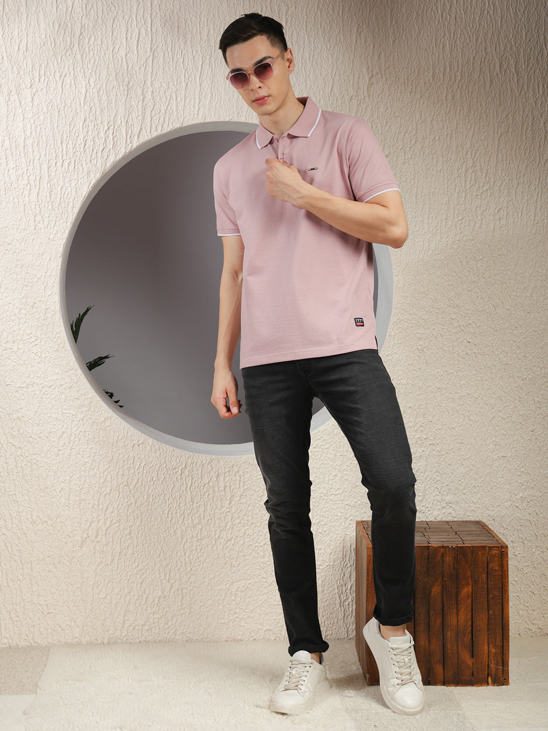 cobb light mauve striped polo neck t-shirt