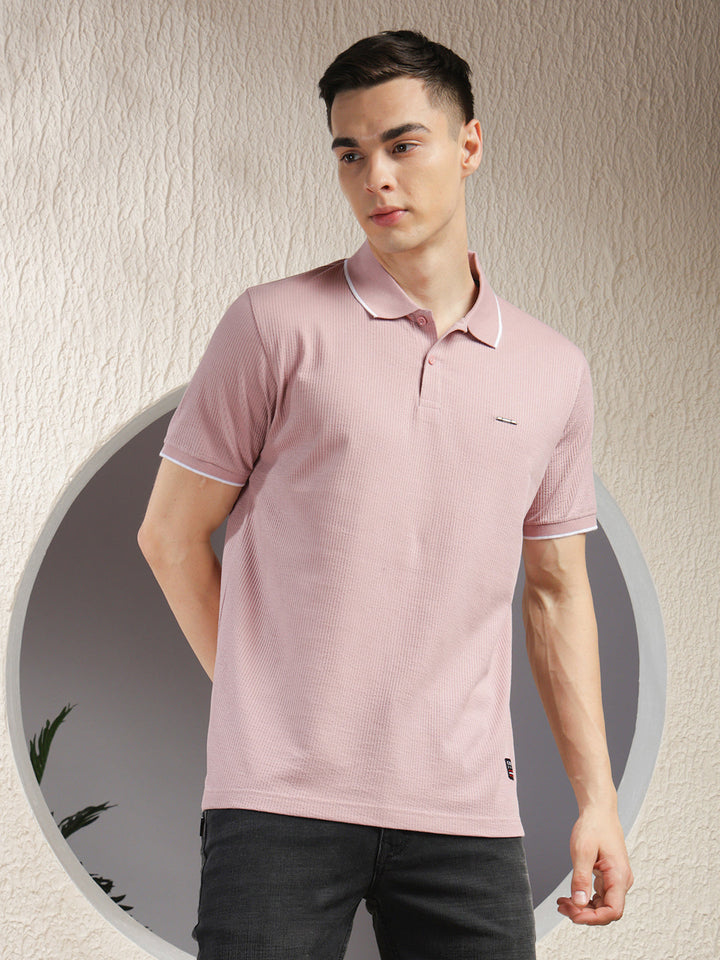 COBB LIGHT MAUVE STRIPED POLO NECK T-SHIRT