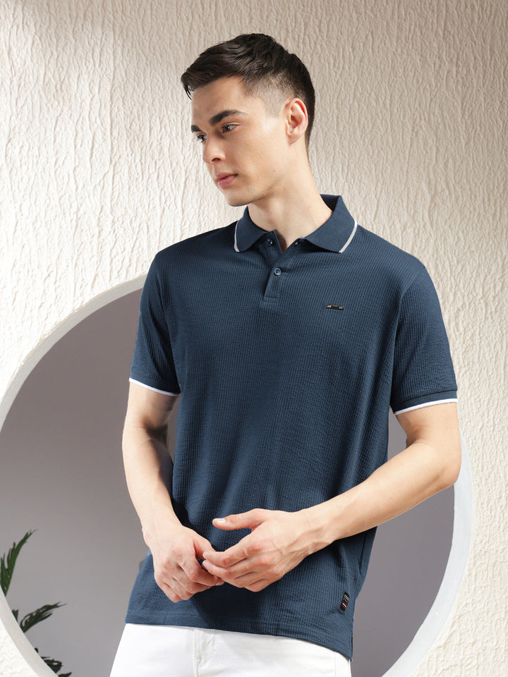 COBB ROYAL BLUE STRIPED POLO NECK T-SHIRT