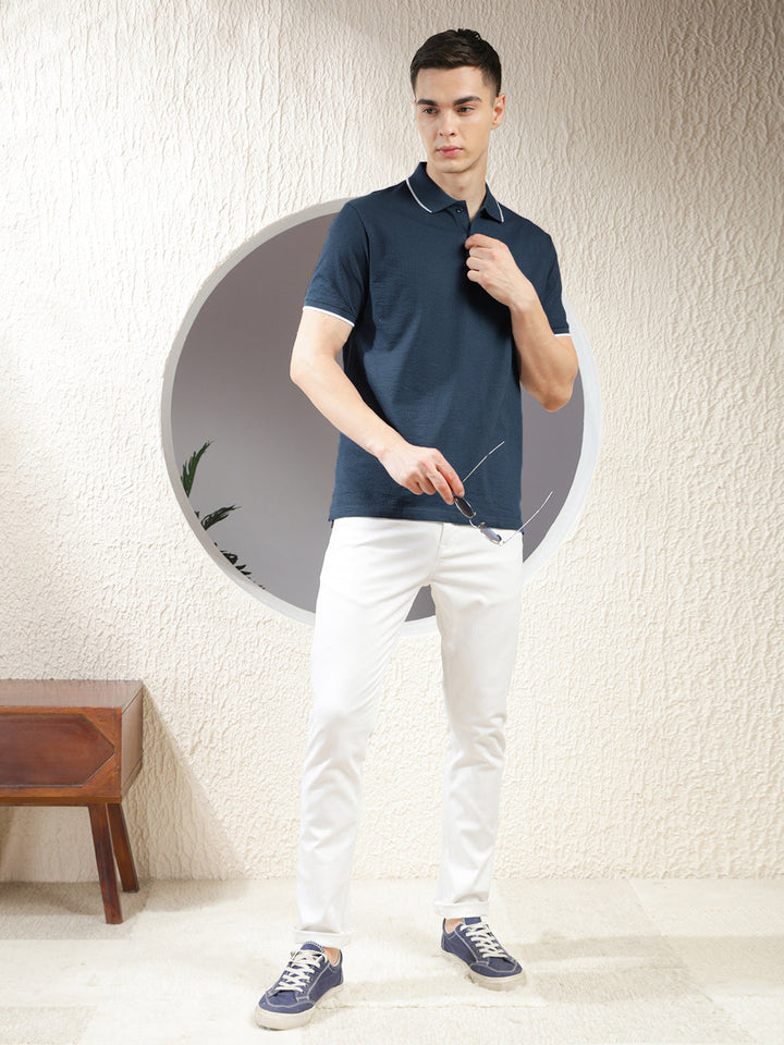 COBB ROYAL BLUE STRIPED POLO NECK T-SHIRT