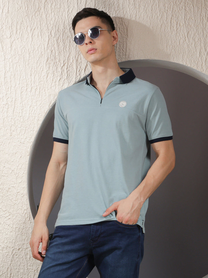 cobb solid sea green polo neck zipper t-shirt