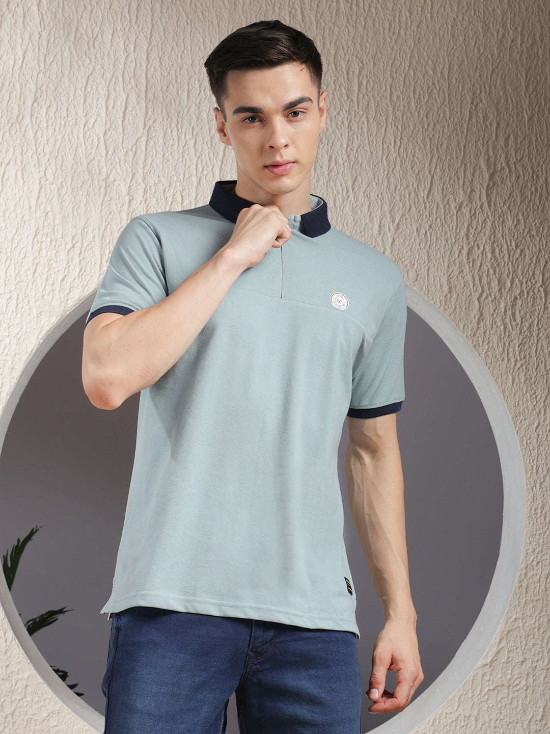 cobb solid sea green polo neck zipper t-shirt