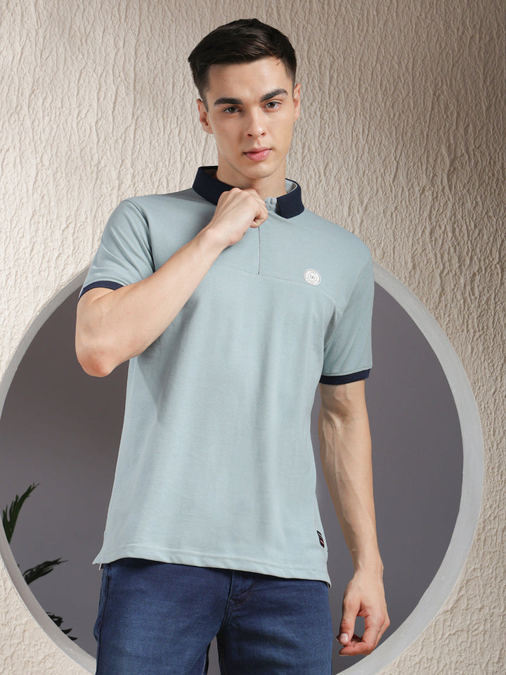 cobb solid sea green polo neck zipper t-shirt