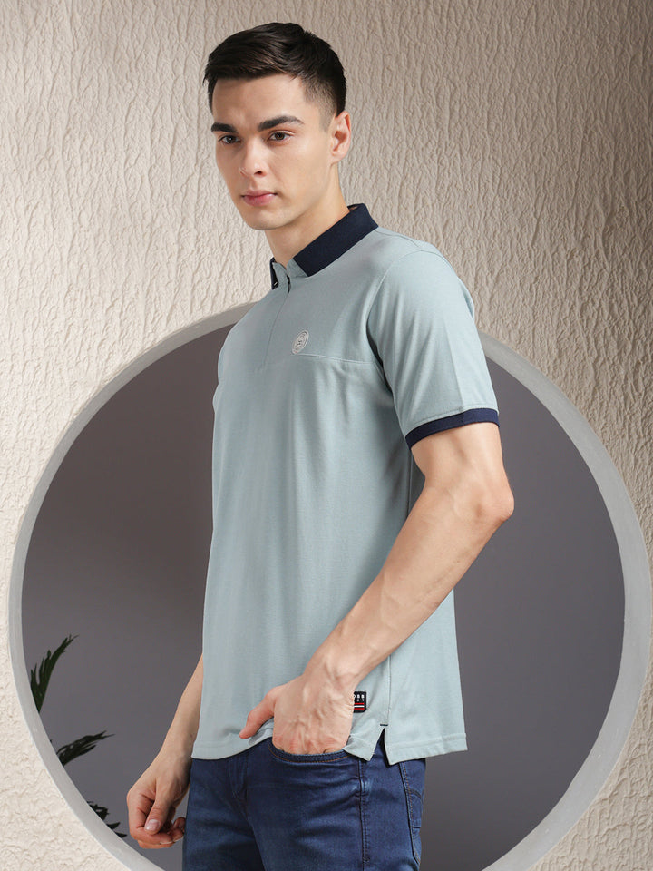 COBB SOLID SEA GREEN POLO NECK ZIPPER T-SHIRT