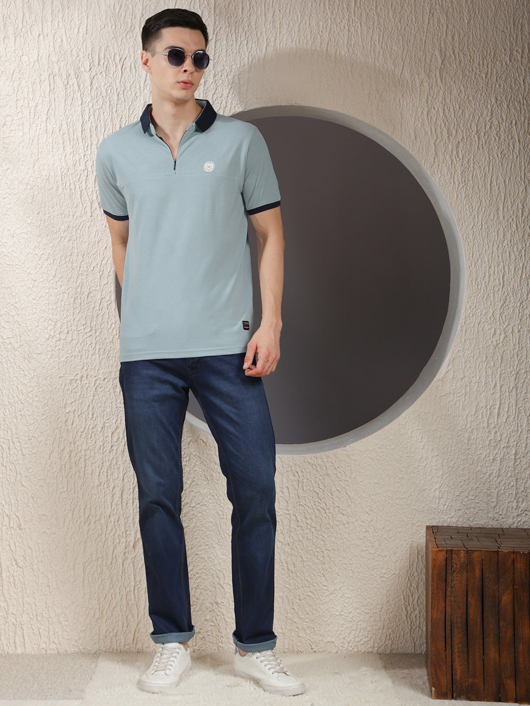 COBB SOLID SEA GREEN POLO NECK ZIPPER T-SHIRT