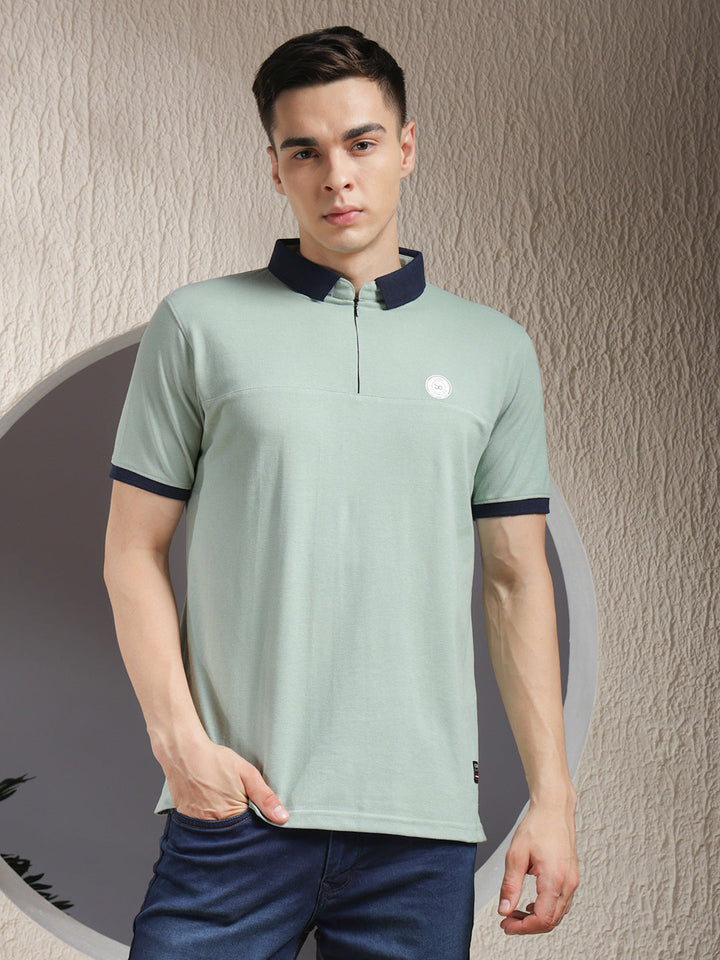 cobb solid dusty mint polo neck zipper t-shirt