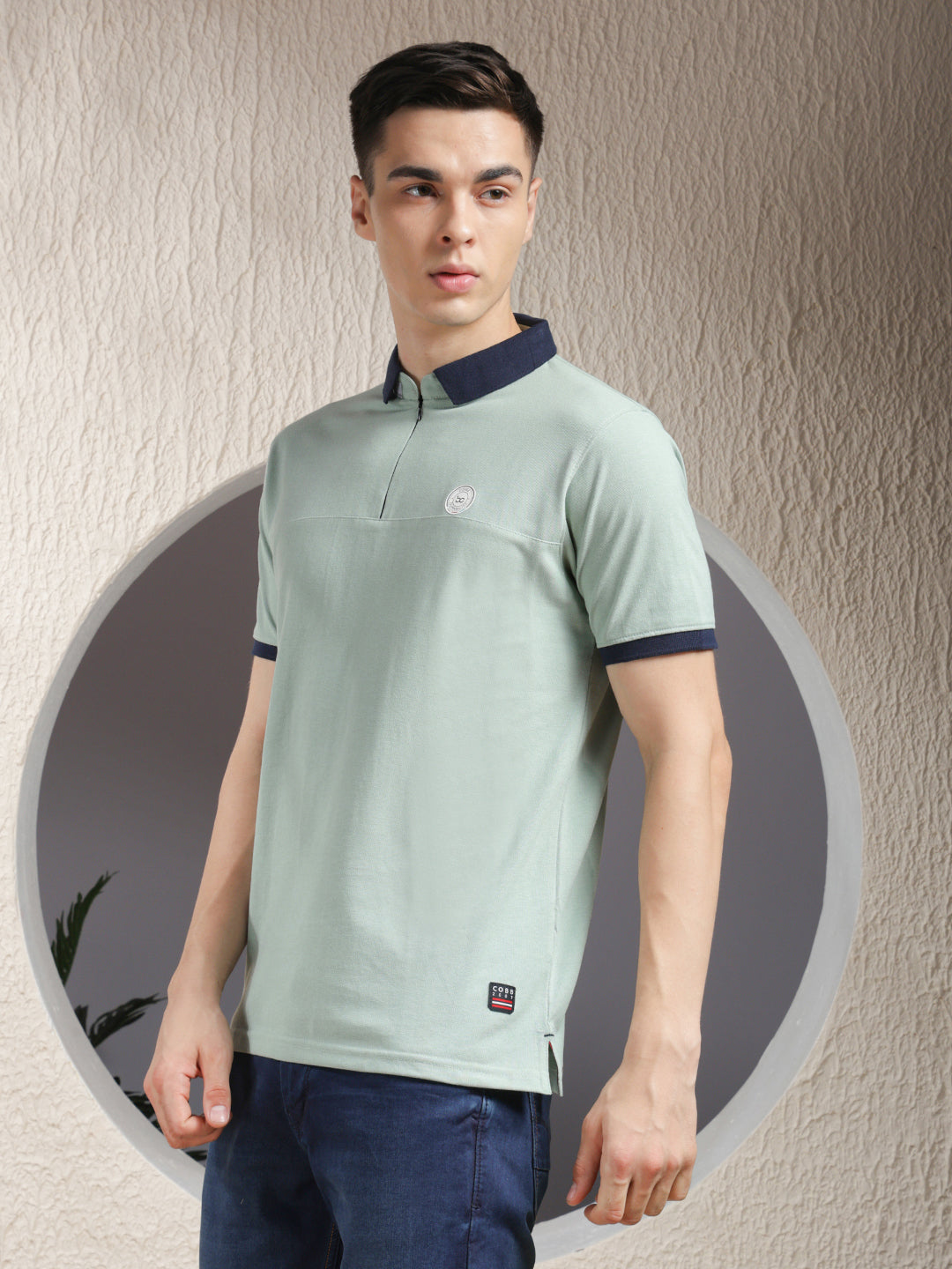 COBB SOLID DUSTY MINT POLO NECK ZIPPER T-SHIRT