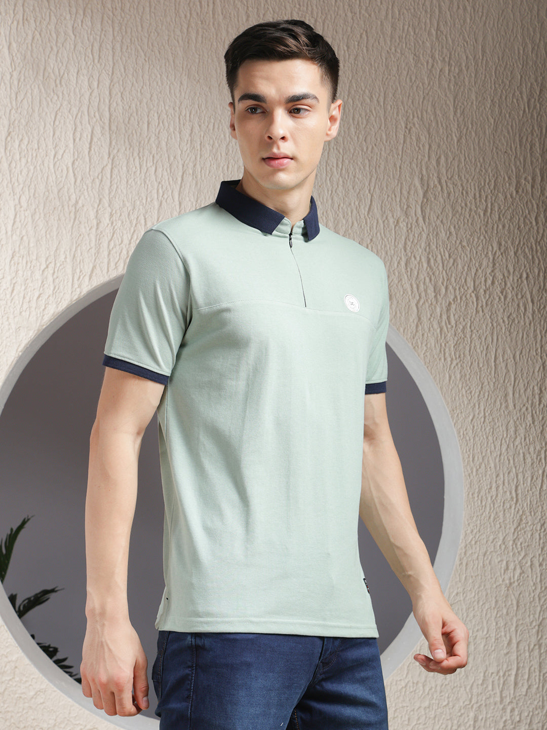 COBB SOLID DUSTY MINT POLO NECK ZIPPER T-SHIRT