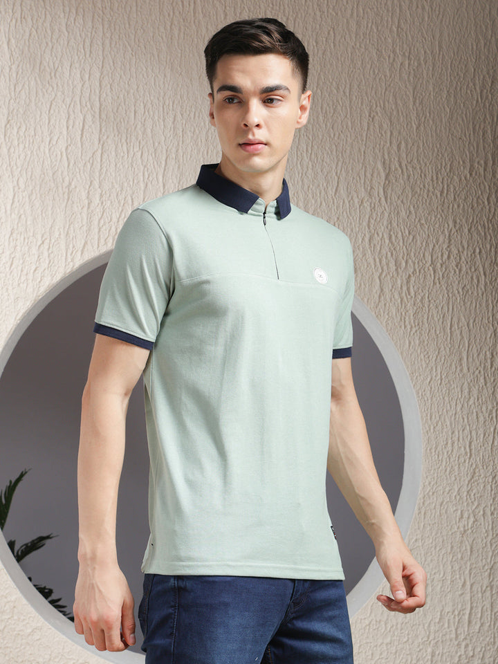 COBB SOLID DUSTY MINT POLO NECK ZIPPER T-SHIRT