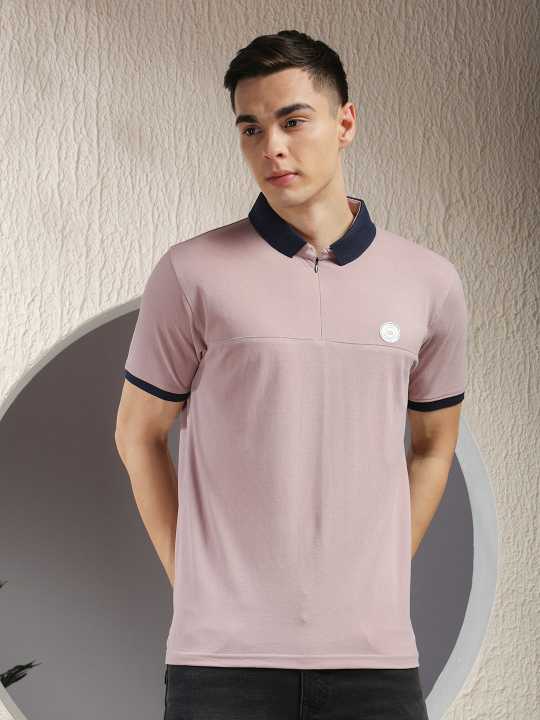cobb solid light mauve polo neck zipper t-shirt