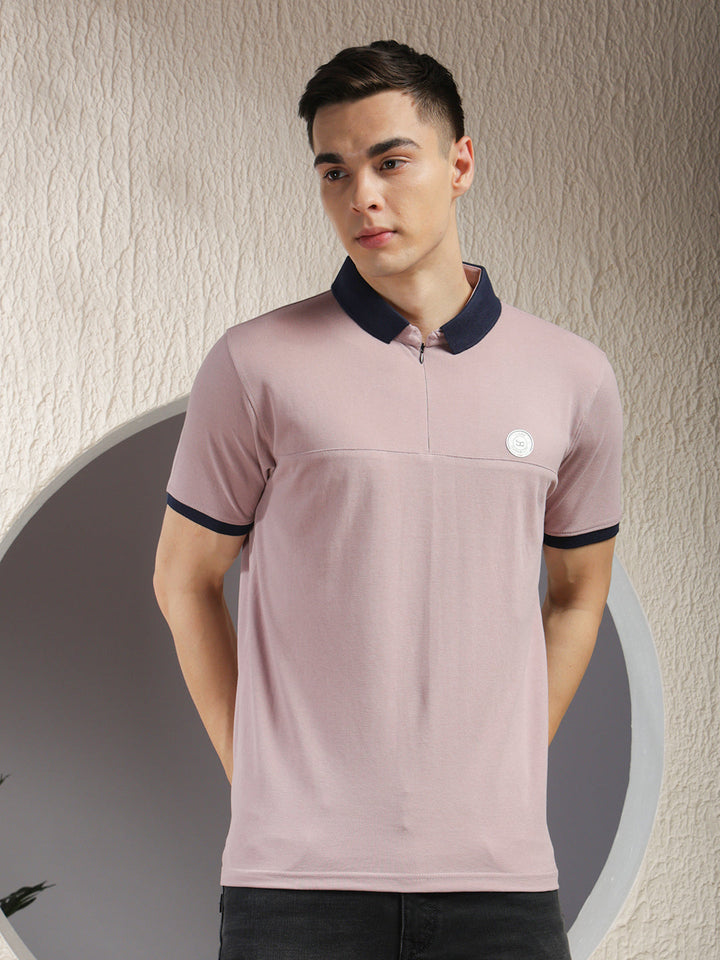 cobb solid light mauve polo neck zipper t-shirt