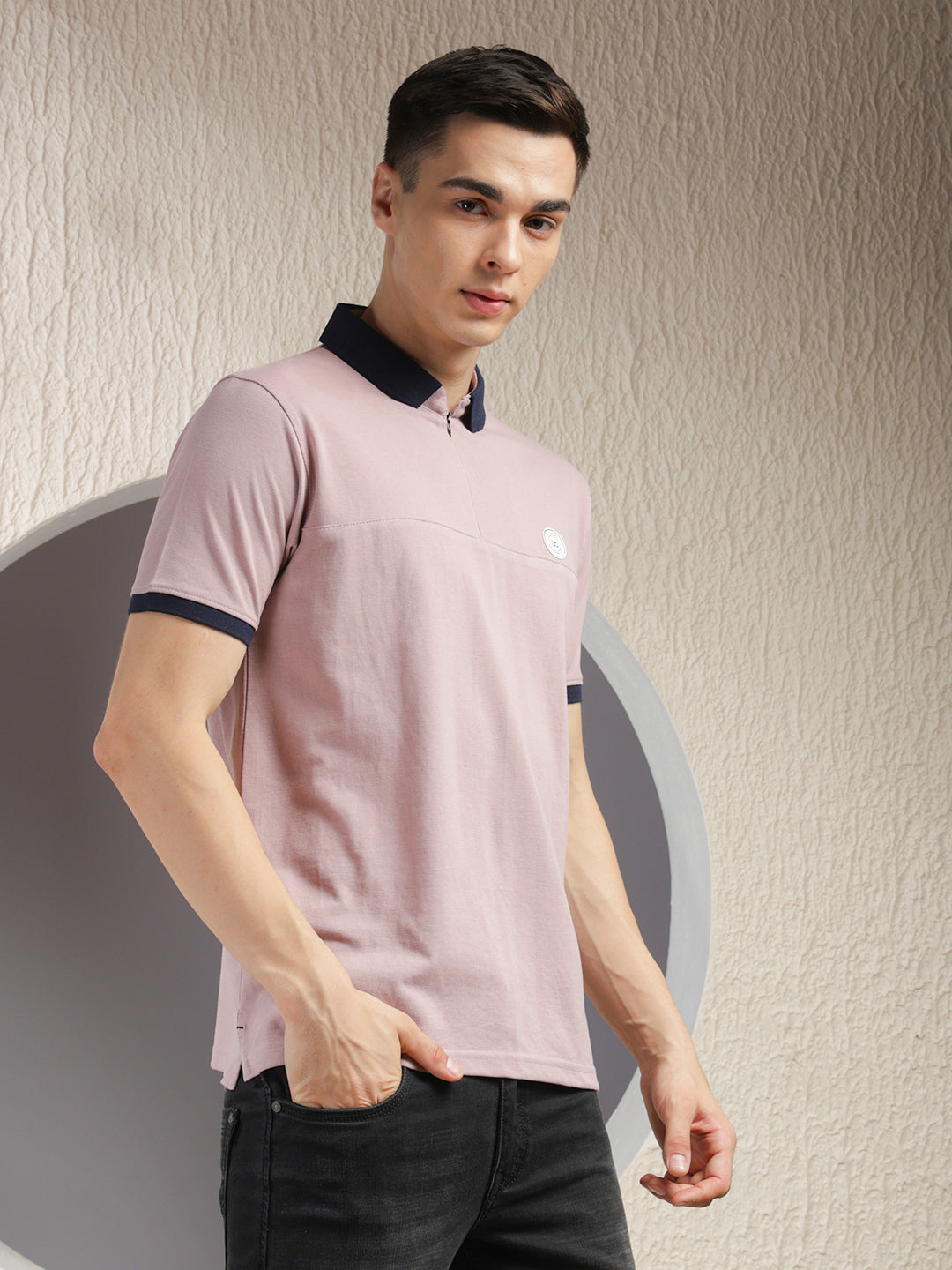 COBB SOLID LIGHT MAUVE POLO NECK ZIPPER T-SHIRT