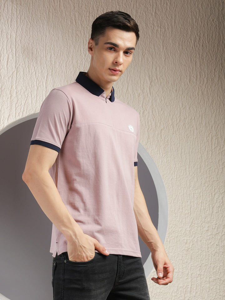 COBB SOLID LIGHT MAUVE POLO NECK ZIPPER T-SHIRT