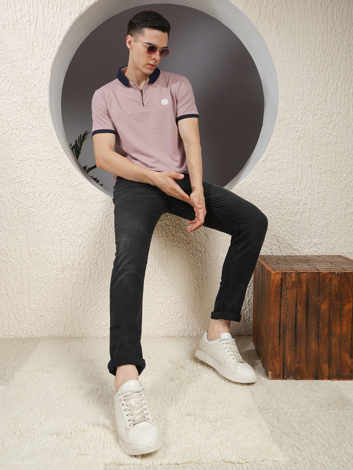 COBB SOLID LIGHT MAUVE POLO NECK ZIPPER T-SHIRT