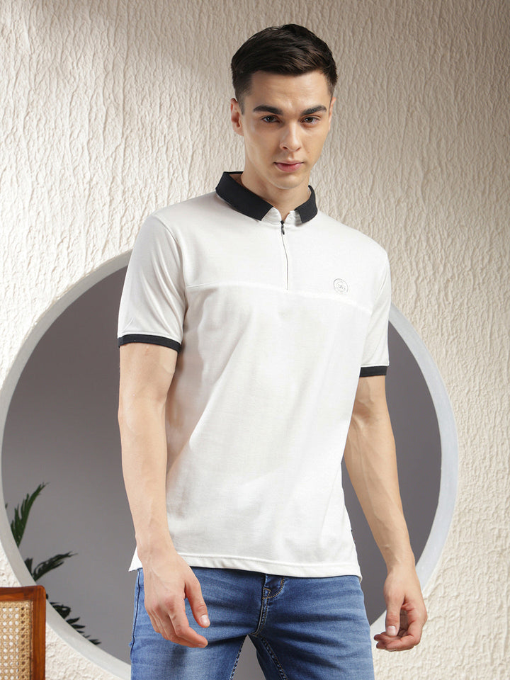 cobb solid white polo neck zipper t-shirt