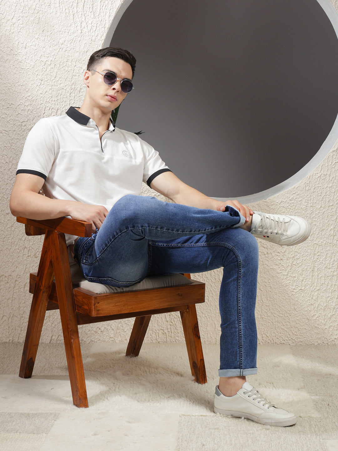 cobb solid white polo neck zipper t-shirt