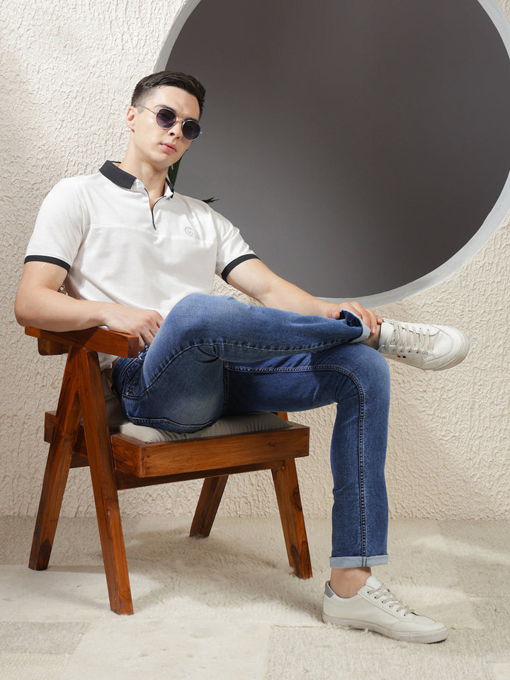 cobb solid white polo neck zipper t-shirt